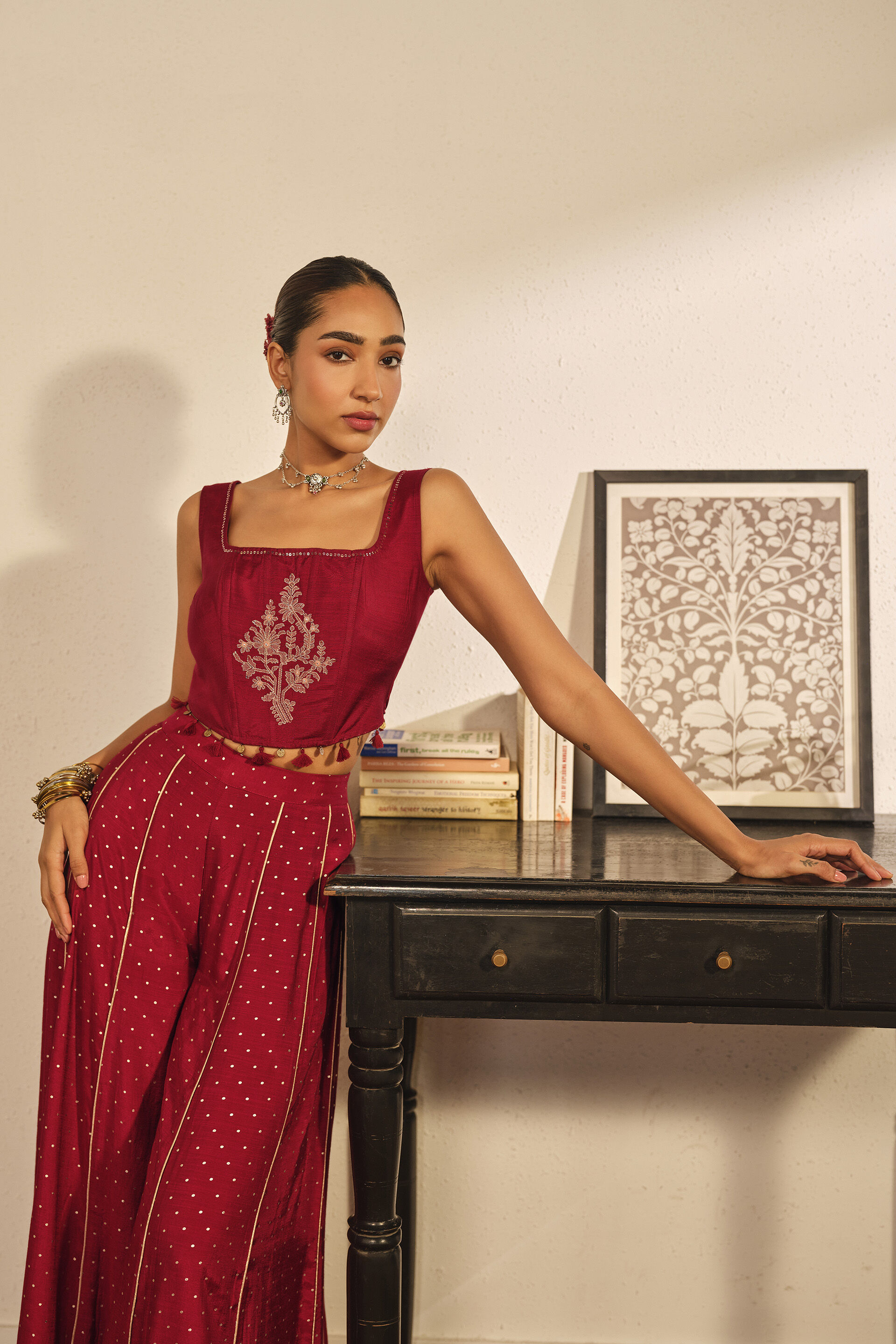 Embroidered Crop Top in Red, Red, image 2